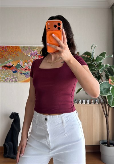 Swey Kare Yaka T-Shirt Bordo