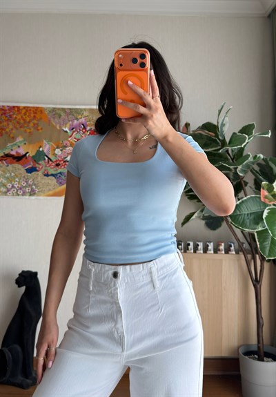 Swey Kare Yaka T-Shirt Mavi