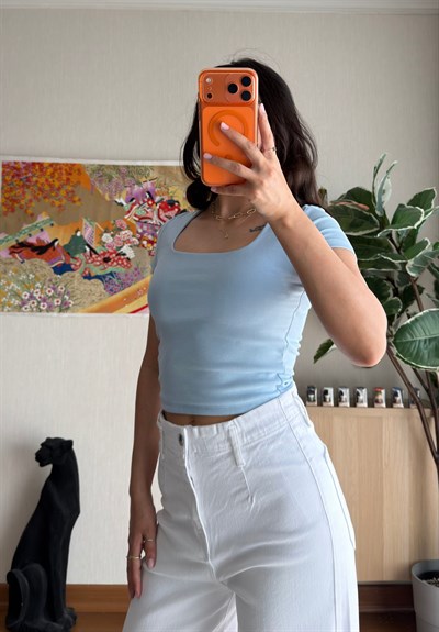 Swey Kare Yaka T-Shirt Mavi