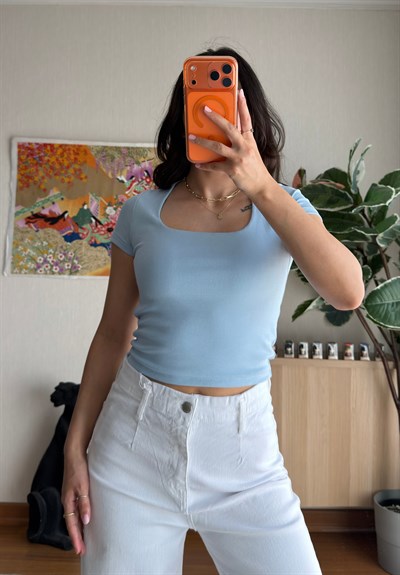 Swey Kare Yaka T-Shirt Mavi