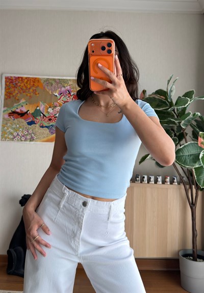 Swey Kare Yaka T-Shirt Mavi