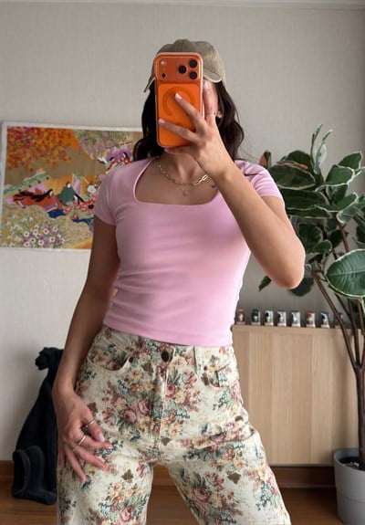 Swey Kare Yaka T-Shirt Pembe