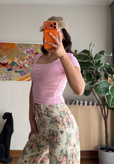 Swey Kare Yaka T-Shirt Pembe