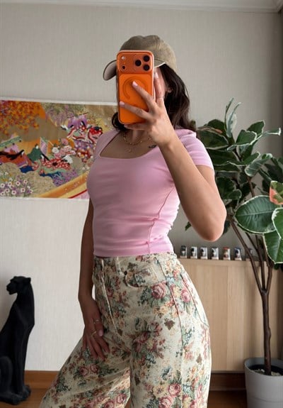Swey Kare Yaka T-Shirt Pembe