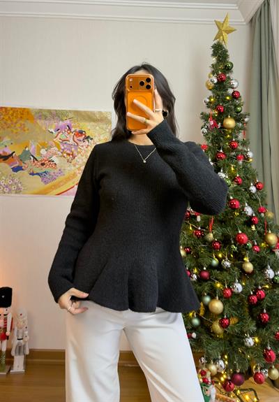 Tania Puplum Triko Kazak Siyah