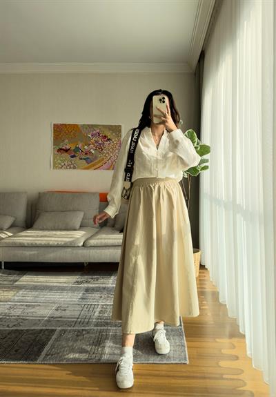 Taru Gabardin Midi Etek Bej