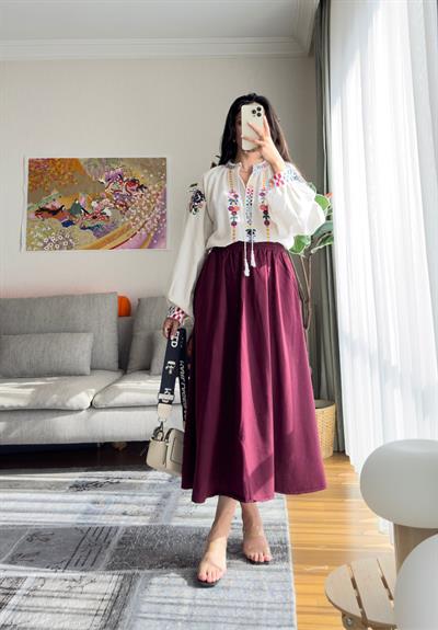 Taru Gabardin Midi Etek Bordo