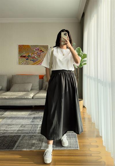 Taru Gabardin Midi Etek Füme