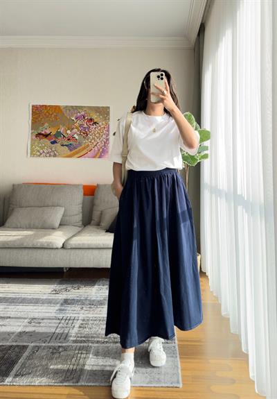 Taru Gabardin Midi Etek Lacivert