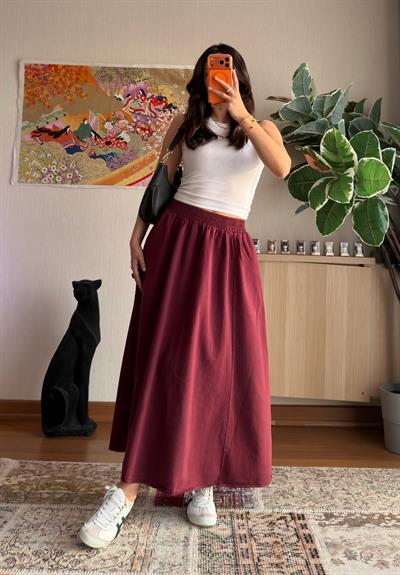 Taru Gabardin Midi Etek Bordo