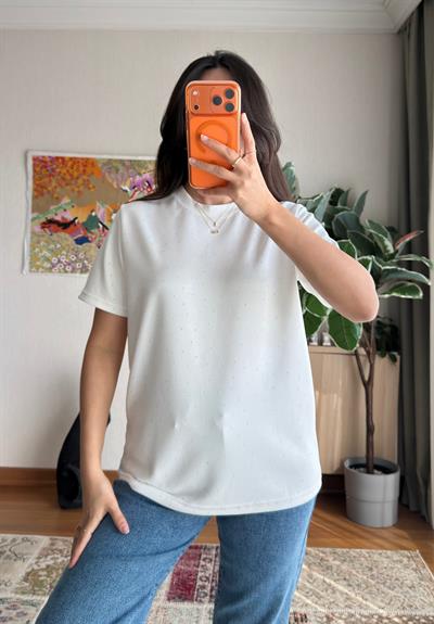 Taşlı Basic Modal T-Shirt Beyaz