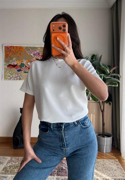 Taşlı Basic Modal T-Shirt Beyaz