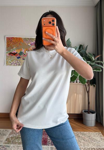 Taşlı Basic Modal T-Shirt Beyaz