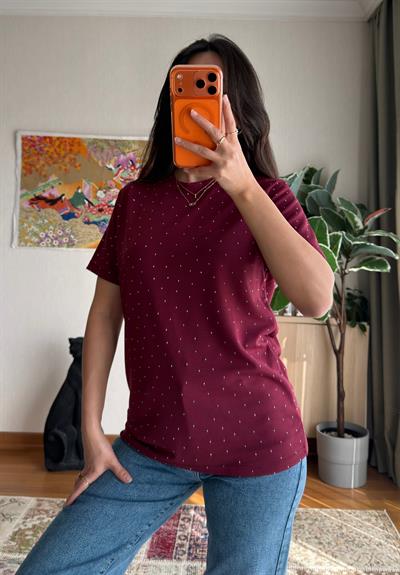 Taşlı Basic Modal T-Shirt Bordo