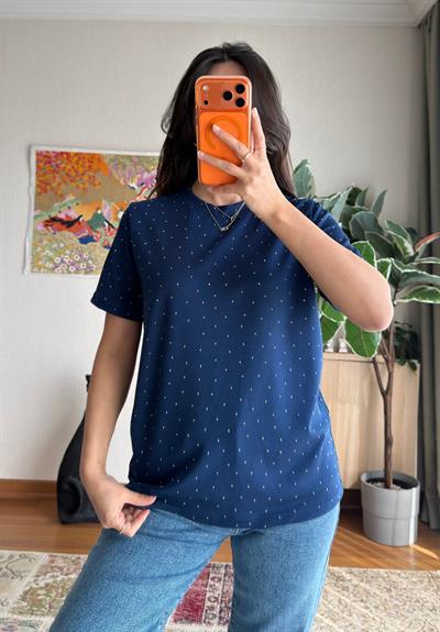Taşlı Basic Modal T-Shirt Lacivert