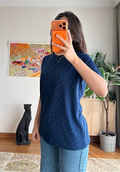 Taşlı Basic Modal T-Shirt Lacivert