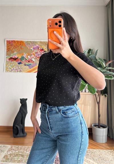 Taşlı Basic Modal T-Shirt Siyah