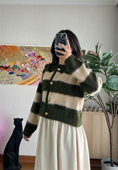 Toshiko Çizgili Hırka Haki