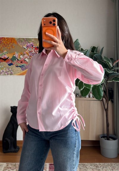 Ueko Yanı Büzgülü Gömlek Pembe