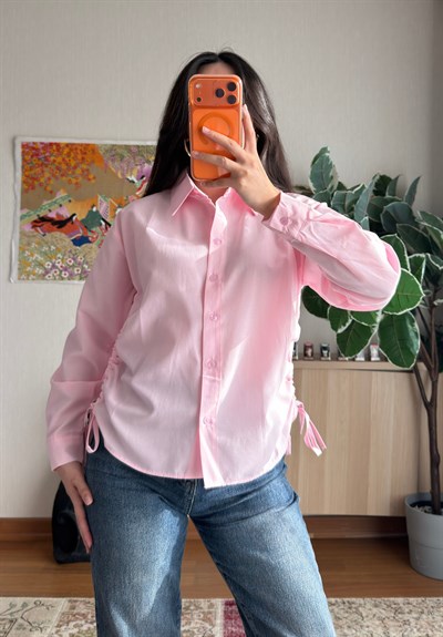 Ueko Yanı Büzgülü Gömlek Pembe