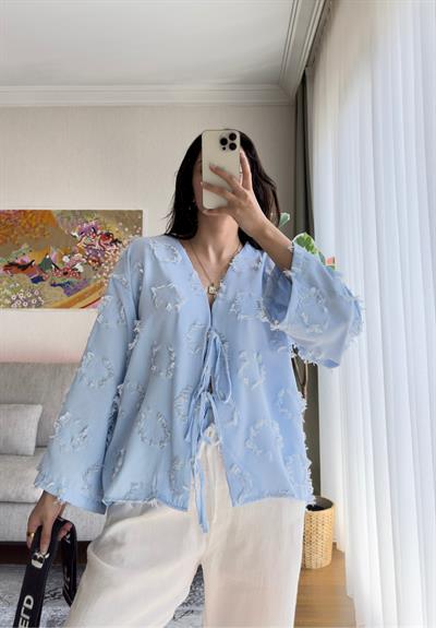 Kiku Püsküllü Bağlamalı Kimono Mavi
