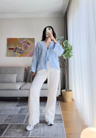 Kiku Püsküllü Bağlamalı Kimono Mavi