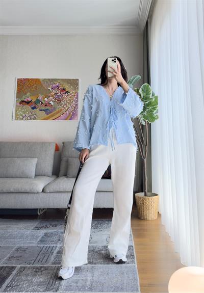 Kiku Püsküllü Bağlamalı Kimono Mavi