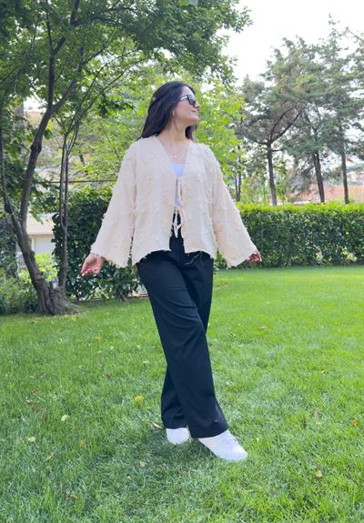 Ura Püsküllü Bağlamalı Kimono Krem