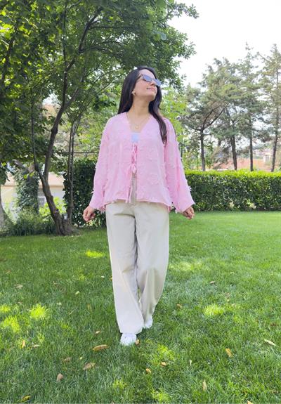 Kiku Püsküllü Bağlamalı Kimono Pembe