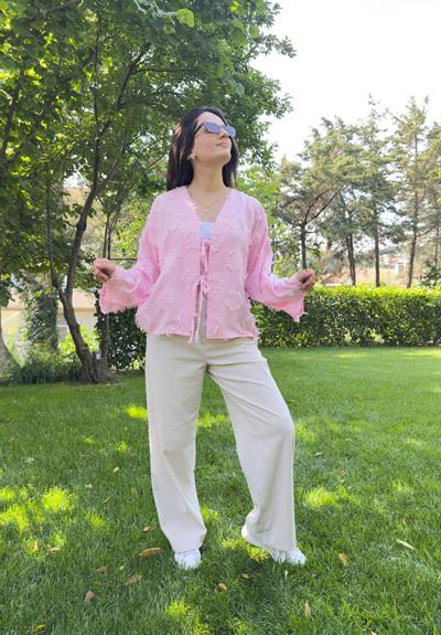 Kiku Püsküllü Bağlamalı Kimono Pembe