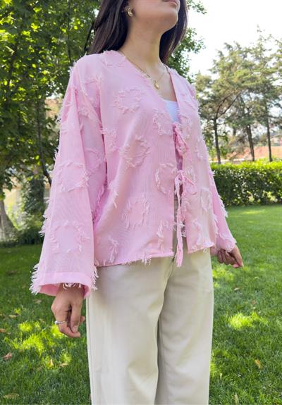 Kiku Püsküllü Bağlamalı Kimono Pembe
