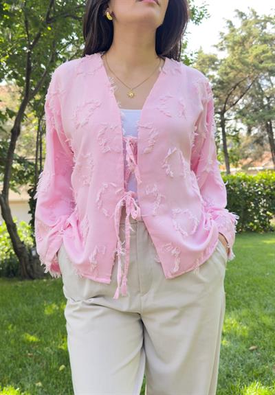 Kiku Püsküllü Bağlamalı Kimono Pembe