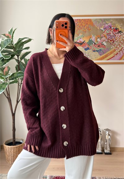 V Yaka Düğmeli Oversize Uzun Hırka Bordo