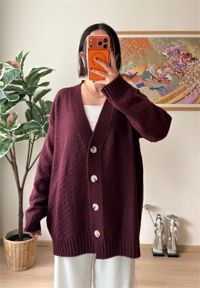 V Yaka Düğmeli Oversize Uzun Hırka Bordo