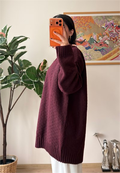 V Yaka Düğmeli Oversize Uzun Hırka Bordo