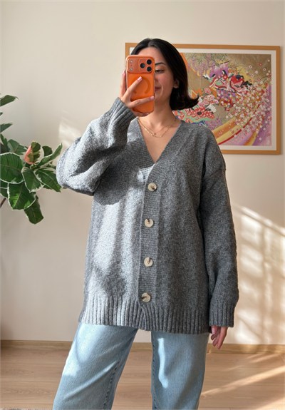 V Yaka Düğmeli Oversize Uzun Hırka Gri