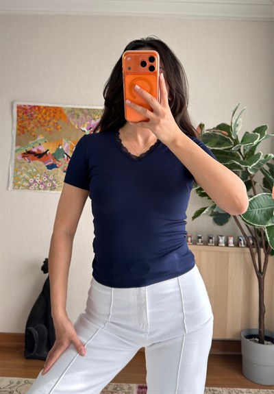 V Yaka Kısa Kol T-Shirt Lacivert