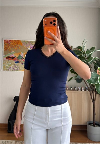 V Yaka Kısa Kol T-Shirt Lacivert
