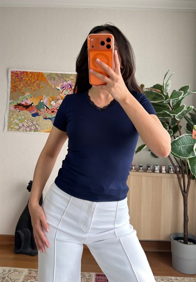 V Yaka Kısa Kol T-Shirt Lacivert