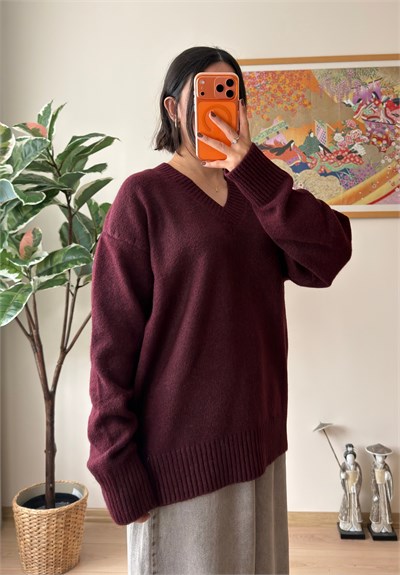 V Yaka Oversize Yumoş Kazak Bordo