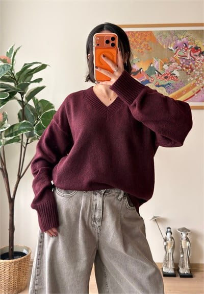 V Yaka Oversize Yumoş Kazak Bordo