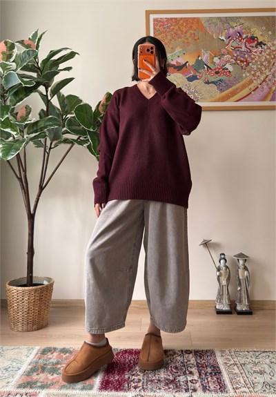 V Yaka Oversize Yumoş Kazak Bordo