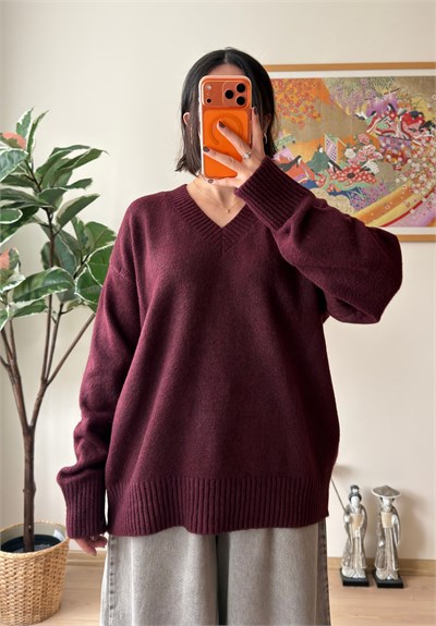 V Yaka Oversize Yumoş Kazak Bordo