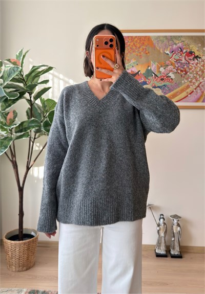 V Yaka Oversize Yumoş Kazak Füme