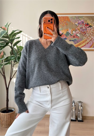 V Yaka Oversize Yumoş Kazak Füme
