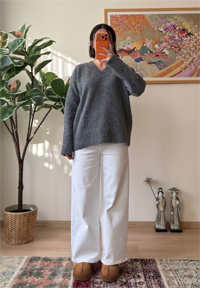 V Yaka Oversize Yumoş Kazak Füme