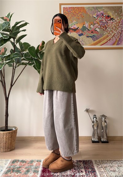 V Yaka Oversize Yumoş Kazak Haki