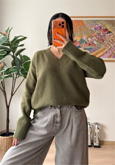 V Yaka Oversize Yumoş Kazak Haki