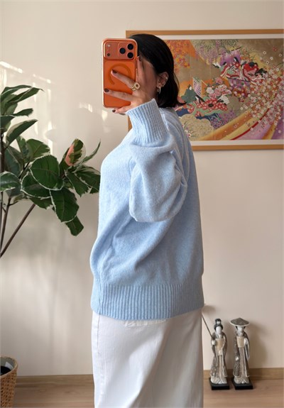 V Yaka Oversize Yumoş Kazak Mavi