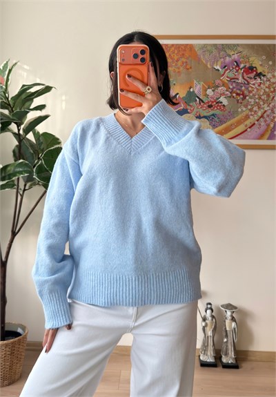 V Yaka Oversize Yumoş Kazak Mavi